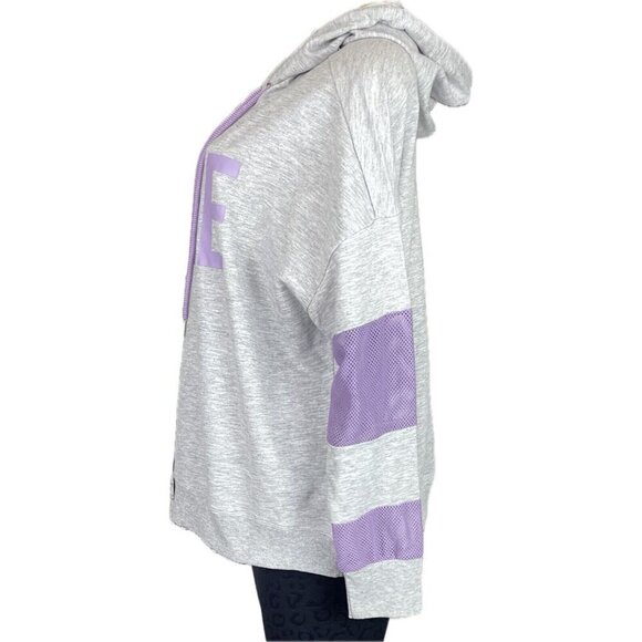 Bebe +1X Gray Heather Logo Drawstring Neck Purple Mesh Detail Long Sleeve Hoodie - Picture 5 of 6